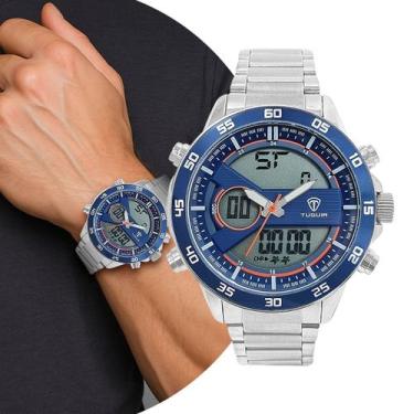 Imagem de Relógio Masculino Digital e Analógico de Pulso Prata e Azul com Pulsei