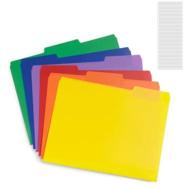 Imagem de Slomg Pacote com 36 pastas de arquivo de plástico colorido com etiquetas, 29,5 x 23 cm apagável 1/3 aba de corte resistente, pasta de arquivamento Manila, organizador de documentos de 6 cores sortidas