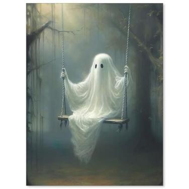 Imagem de UNXIS Pôster vintage de Halloween fantasma no balanço arte de parede Dark Academia Decor Victorian Gothic Wiccan Arte 30 x 40 cm sem moldura impressões de imagens de terror