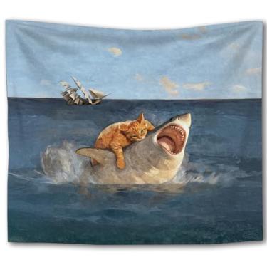 Imagem de Foritho Tapeçaria de gato preto gordo vs. tubarão, tapeçaria vintage renascentista engraçada meme para pendurar na parede, tapeçarias de parede de tubarão do oceano náutico para quarto, sala de estar