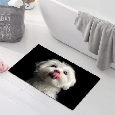 Imagem de Rstick Tapete de banheiro estampado com fundo preto de cachorro branco antiderrapante de borracha lavável - Tapete de banho com encosto 40,6 cm x 61 cm