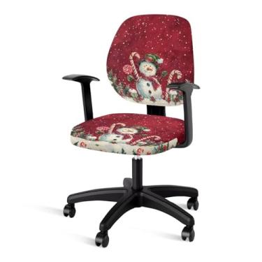 Imagem de GLENLCWE Conjunto de 2 capas de cadeira de escritório com estampa de boneco de neve de Natal, conjunto de 2 capas de cadeira de escritório universais giratórias, antiderrapante, decorações de Natal