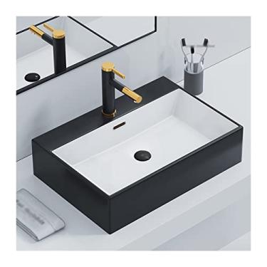 Imagem de Pias de banheiro 60 cm x 42 cm retangular bancada de cerâmica pia de vaso de banheiro pia de banheiro com ralo pop-up e torneira pia de vaso (cor: preto)