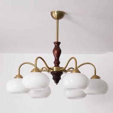 Imagem de 3 Luzes Sala de Jantar Lustre Fazenda Mid Century Moderno Luz de Teto Madeira Laranja Leite Vidro Lâmpada Vintage Ouro Rústico Pendente Luz Para Cozinha Ilha Quarto Sala de Estar Hall de Ent