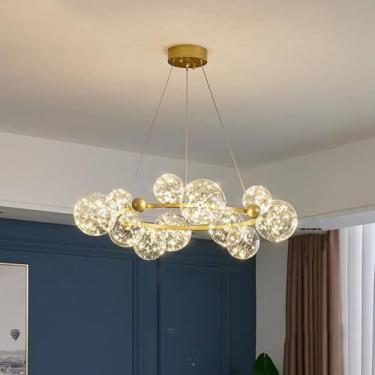 Imagem de Lustre 6-Luzes Lustre Redondo de Vidro para Sala de Jantar 12 Luzes Ouro Moderno LED Pendente Luz Filamento Preto Teto Pendurado Lâmpada para Cozinha Ilha Sala de Estar Restaurante, Ouro-12