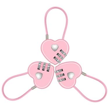 Imagem de 3 peças de cadeado de combinação de 3 dígitos para armário, cadeado de coração rosa com corda de aço, mini fechaduras de bagagem fofas para mochila, armários de bagagem, caixas de joias
