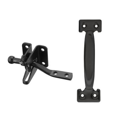 Imagem de SUMBIN Ferragens de trava de portão de travamento automático para piscina ou jardim Trava de segurança de portão de cerca de madeira com puxador de porta em acabamento preto