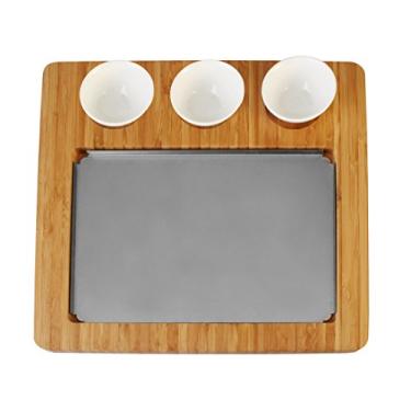 Imagem de Artestia Substituição de bandeja de bambu para AR-88023, 1 bandeja de aço inoxidável + 3 copos de cerâmica + 1 bandeja de servir de bambu, sem pedras incluídas