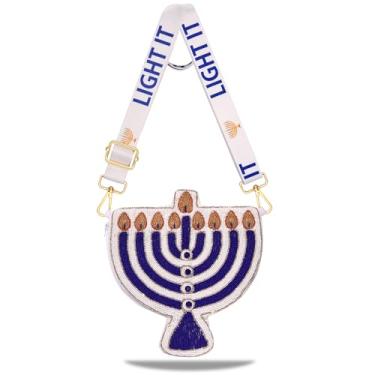 Imagem de CEALXHENY Bolsa feminina Hanukkah com contas estrela de David Menorah Dreidel bolsa de ombro transversal Hanukkah acessórios roupas, Azul, branco, Estilo C