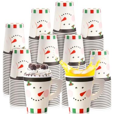 Imagem de Maxcheck 100 peças de copos de papel de Natal bebendo boneco de neve descartáveis copos de café quente com barra de alça acessórios para decoração de festa de Natal (255 g)