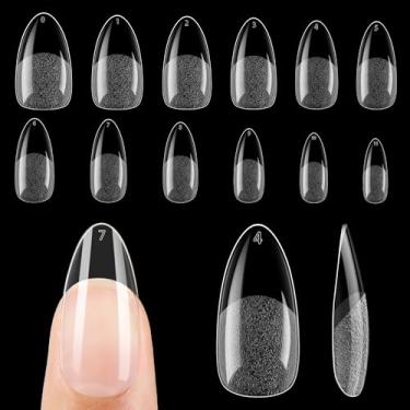 Imagem de 504pcs Kits de pontas de unhas de amêndoa pontiaguda média: Conjunto de pontas de unhas de gel pré-gravadas transparentes 12 tamanhos cobertura completa