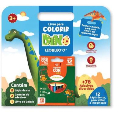 Imagem de Livro Infantil Colorir Dino com 12 Lápis de COR e 76 Adesivos - Leonor