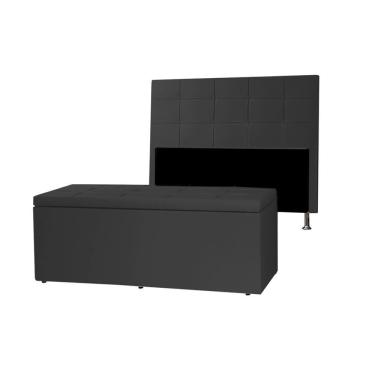 Imagem de Kit Cabeceira E Calçadeira Baú Queen 1,60m Roma Material Sintético Preto Sky Mobile
