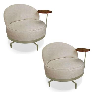 Imagem de Kit 2 Poltronas Decorativa Andromeda Linho Bouclê Bege Base Giratória De Ferro - Pallazio