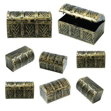 Imagem de Gabrella 8 caixas de mini baús de tesouro pirata, caixa de armazenamento pequena de plástico vintage para joias piratas, artigos de festa, loja de decoração de moedas de ouro, pedras preciosas para