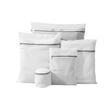 Imagem de Kit 5 Sacos Protetores para Lavagem de Roupas, Malha de Poliéster, Tamanhos Variados, com Zíper Reforçado, Branco, para Máquina de Lavar e Tanquinho
