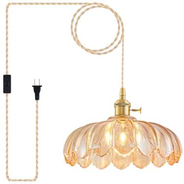 Imagem de Luminárias pendentes de plugue, luminária suspensa de vidro, lâmpada de pendurar âmbar vintage, iluminação pendente para ilha de cozinha, quarto, sala de jantar, sala de estar