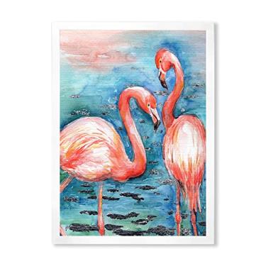 Imagem de DesignQ Arte de parede emoldurada Pink Flamingos In Blue Water I Farmhouse