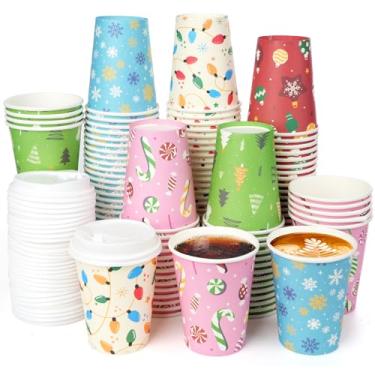 Imagem de Conjunto de 200 copos de papel de café de Natal com tampas 340 g, copos de festa coloridos descartáveis a granel, 5 estilos de copos de Natal para chocolate quente, bebidas frias, Natal, Ano Novo