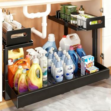 Imagem de Buwico Organizador expansível sob o armário, organizador sob a pia de 2 camadas com trilho deslizante de rolamento de esferas reforçado, altura da prateleira da pia deslizante ajustável, durável e à