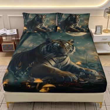 Imagem de AILONEN Jogo de lençol solteiro de tigre 3D, céu estrelado, floresta, tigre, para meninos e meninas, natureza, fungo selvagem, lençol com bolso profundo + 2 fronhas - 3 peças