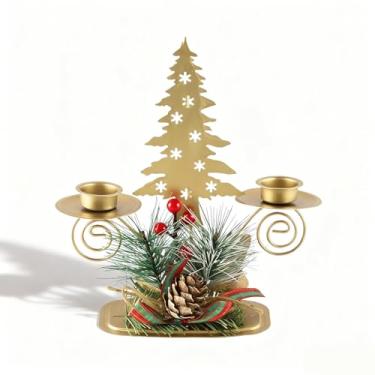 Imagem de ABTOLS Castiçal de árvore de Natal com baga vermelha, castiçal de estrela dourada para vela cônica, suporte de luz de chá para mesa de centro de mesa, ornamentos festivos de Natal, decoração de casa
