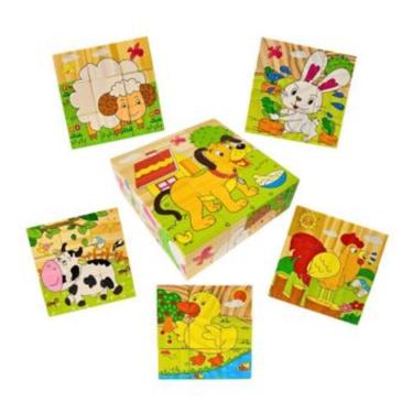 Imagem de Quebra Cabeca em Blocos Animais da Fazenda 9 Pecas 6 Desenhos Montessori Yins Kids Pedagogico