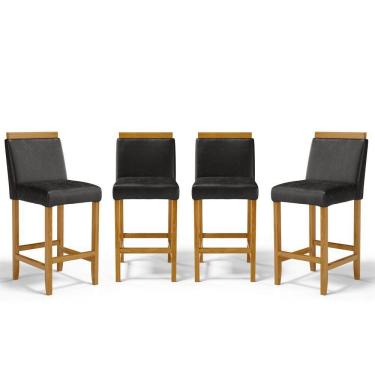 Imagem de Kit Com 4 Banquetas Eloá Madeira Maciça Assento Estofado Para Bancada Courino Preto 503