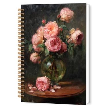 Imagem de TWRVI Caderno espiral de peônias rosa Moody, vintage, cottagecore, floral, pautado, para escola, material de escritório, caderno floral Farmhouse Dark Academia, 14 x 8,7 cm, 164 páginas