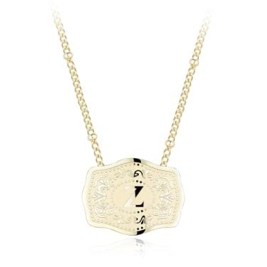 Imagem de Colar com pingente de letra inicial banhado a ouro 14K com fivela de cinto em relevo, compre 1 e ganhe 2 correntes, colar personalizado para mulheres, 18 inches +2 inches extender, Liga de aço, Sem