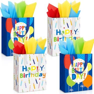 Imagem de Teenyyou Sacos de presente de feliz aniversário com papel de seda reutilizáveis sacos de embrulho não tecidos com alça 26 x 21 x 10 cm para presente de festa de aniversário (4 peças)