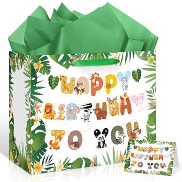 Imagem de Selva Safari Bolsa de presente de aniversário animal selvagem com cartão de papel de embrulho, zoológico, selva, safári, animal, chá de bebê, suprimentos de festa