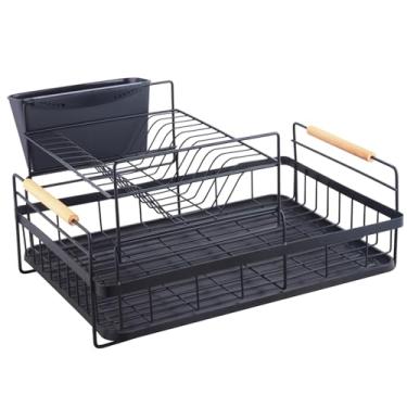 Imagem de Escorredor de Louça em Metal Preto, 2 Níveis com Suporte para Talheres, Organizador de Cozinha com Bandeja Coletora Removível