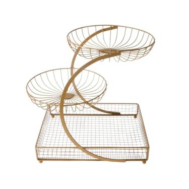 Imagem de DimyFew Cesta de frutas de mesa, organizador de frutas, cesta de lanches, de pão, tigela para frutas para banana, batata, estilo fazenda, externa, Ouro 3 Camadas