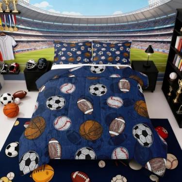 Imagem de Erosebridal Conjunto de edredom de futebol, tamanho casal, para meninos, basquete, beisebol, futebol, softball, rúgbi, bola, esportes, jogos, edredom com enchimento, azul escuro