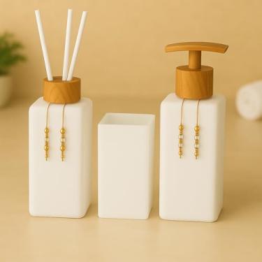 Imagem de Kit Lavabo Banheiro Luxo Square com Difusor, Sabonete Líquido e Porta Escova de Vidro(Banco Total C/Amadeirado)