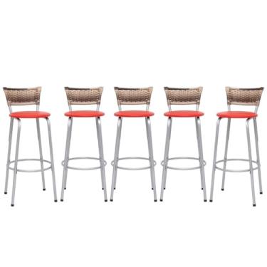 Imagem de Banqueta Altas Junco Cappuccino Estrutura Prata 70cm Para Balcão Cozinha, Bar, Bistrô, Americano Kit 05 Unidades - Itagold (Vermelho)