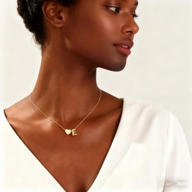 Imagem de Colar de coração banhado a ouro 18K com inicial A-Z, colares delicados de coração, pequenos colares de inicial, presentes de aniversário para mulheres, joias, E, Metal, Sem Pedra Preciosa