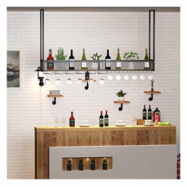 Imagem de Rack de vinho suspenso industrial com suporte de vidro e prateleira, suporte de vidro de teto de camada única, perfeito para bar/café/cozinha