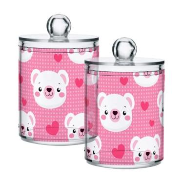 Imagem de Qilmy Suporte Qtip guingão rosa urso branco, pacote com 2, frascos de boticário de 400 ml, vasilha organizadora de banheiro para cotonetes, bolas de algodão, almofadas de maquiagem, fio dental, sais