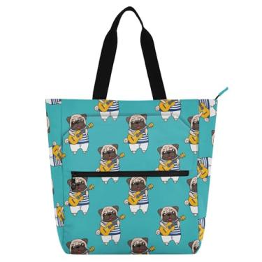 Imagem de Bolsa Pug para crianças tocando guitarra bolsa de livros Oxford com zíper para aulas de música e piano