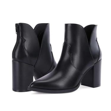 Imagem de Coutgo Botas femininas recortadas no tornozelo, bico fino, salto grosso, zíper nas costas, sapato de bota ocidental, Preto frio., 40