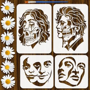 Imagem de FINGERINSPIRE 4 peças de estêncil de pintura em estilo rock psicodélico com pincel de pintura 21 x 29,7 cm/20 x 20 cm modelo de desenho decorativo com estampa de crânio A4, estêncil de expressão