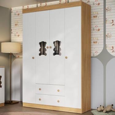 Imagem de Guarda-roupa Infantil 122cm com Vidro 4 Portas e 2 Gavetas Teddy Multimóveis Mp4488 Madeirado/branco