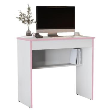 Imagem de Escrivaninha Compacta com Gaveta e Prateleira – Mesa para Home Office e Estudo (Branco/Rosa)