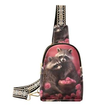Imagem de CEBUGI Bolsa tiracolo feminina Raccoon Rose pequena de couro, pochete transversal para trilhas, viagens ao ar livre