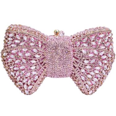 Imagem de Bolsa clutch com laço de strass embutida feita à mão para mulheres, bolsa brilhante para festa noturna de casamento com alça de corrente de pérola destacável, Rosa-s01