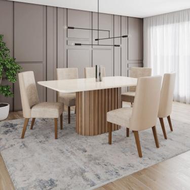 Imagem de Conjunto Mesa Solana 160cm com Vidro 06 Cadeiras Anne Marrom/Off White/Bege/Creme