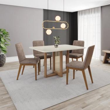 Imagem de Conjunto Sala Jantar Mesa Natalí 120cm Canto Arredondado com Vidro 4 Cadeiras Pietra Marrom/Off White/ Caramelo/ Cacao