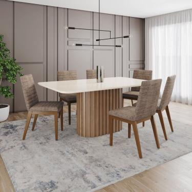 Imagem de Conjunto Mesa Solana 160cm com Vidro 06 Cadeiras Elena Marrom/Off White/Cacao